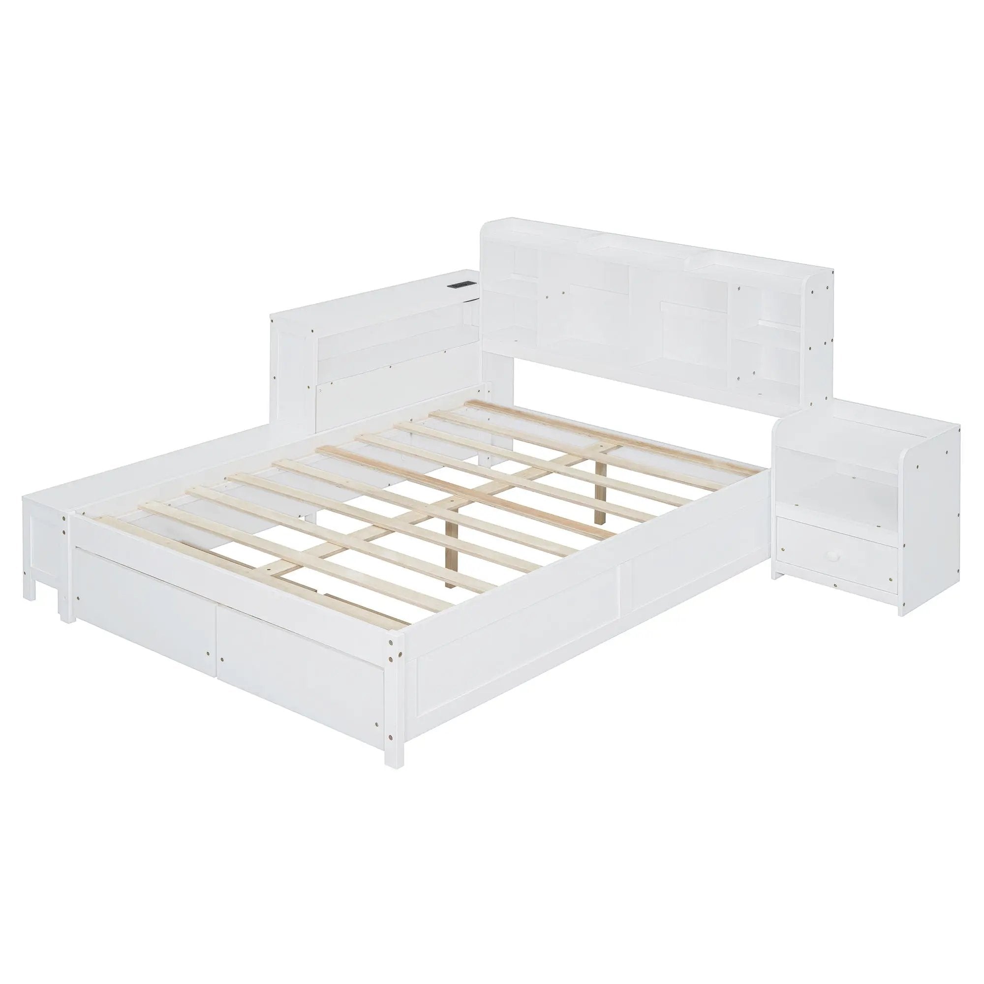 Platform Bed With Multi Functional Storage Space, Nightstand, 2 Drawers, USB Ports And Desk by HouseOfZazla