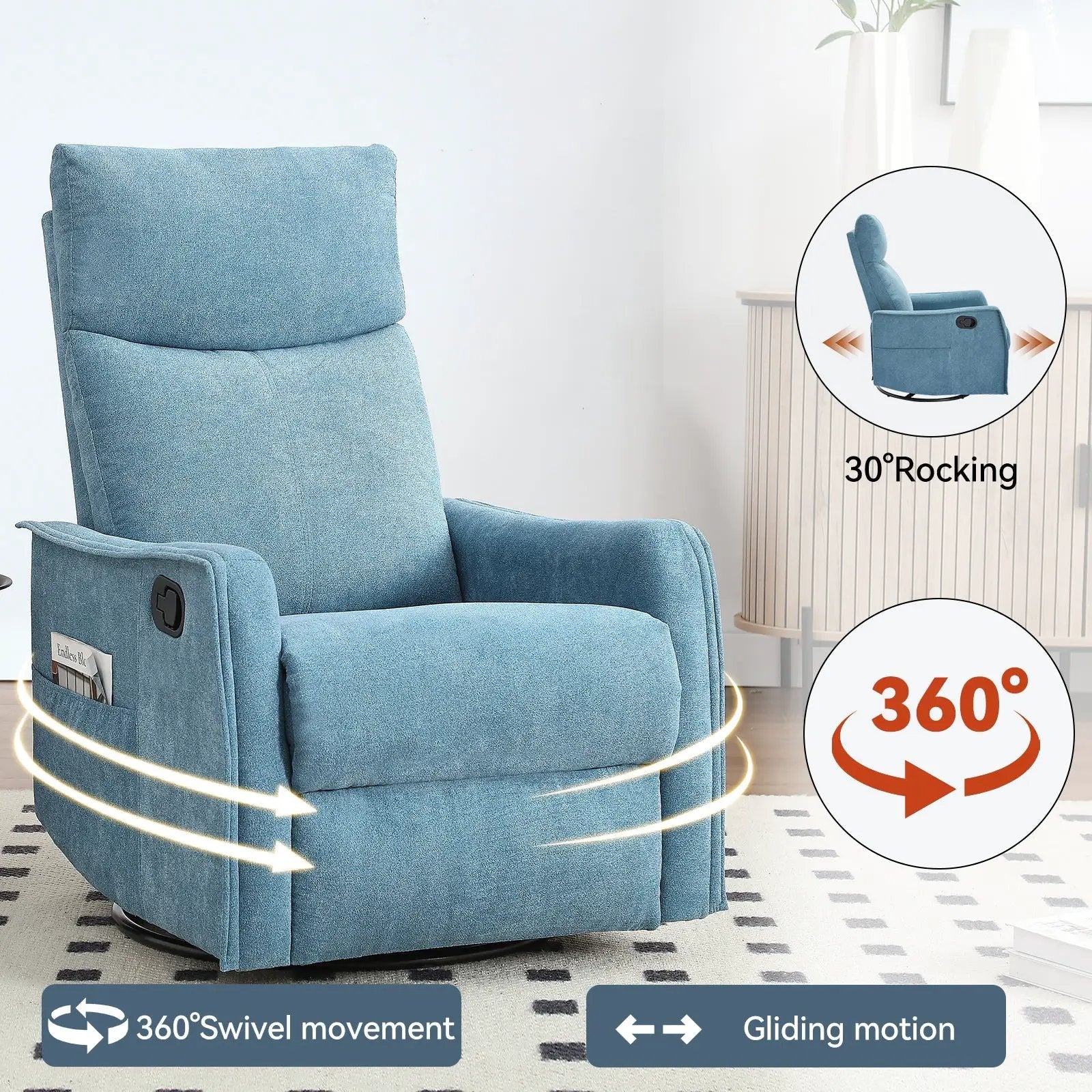 Heat Massage Manual Recliner Chair with Rocker and Swivel in Fabric for Living Room by HouseOfZazla