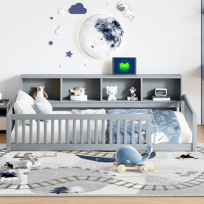 Twin Long Floor Bed With Storage Cabinets And USB Ports - Gray by Unique Piece Furniture
