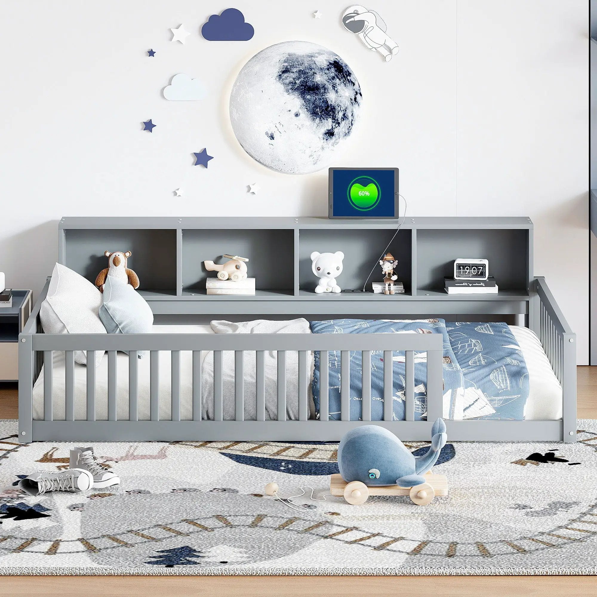 Twin Long Floor Bed With Storage Cabinets And USB Ports - Gray by HouseOfZazla
