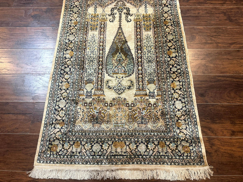 Silk Indian Kashmiri Rug 3x4, Very Fine 400 KPSI, Silk Prayer Rug, Handmade by Jewel Rugs