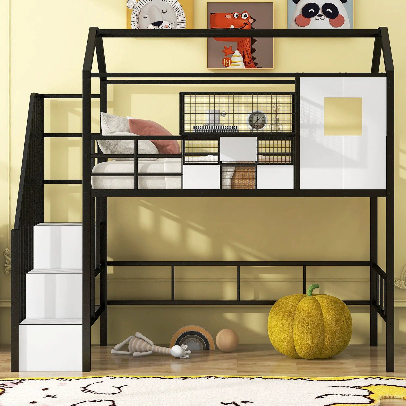 Metal Loft Bed With Roof Design And Storage Box With Guardrails And Integrated Ladder by HouseOfZazla