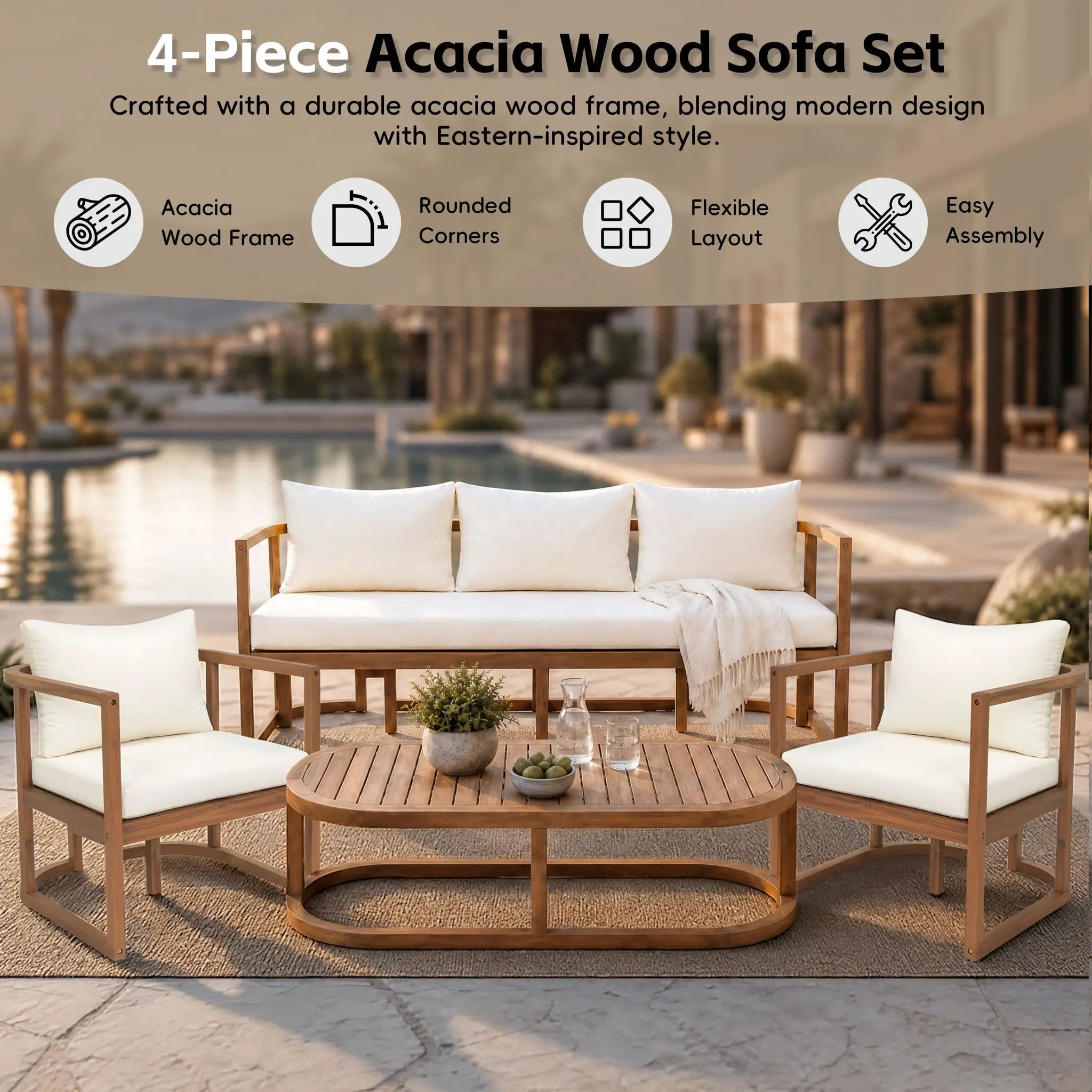 TOPMAX 4-Piece Modern Acacia Wood Sofa Set by HouseOfZazla