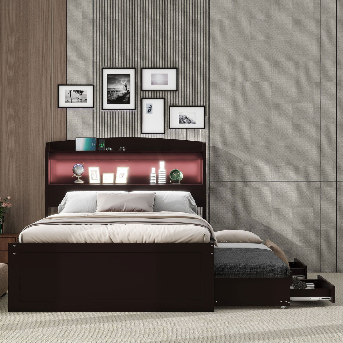 Platform Bed With LED Headboard, Charging Station, Trundle And 2 Drawers, photo 14 of 14
