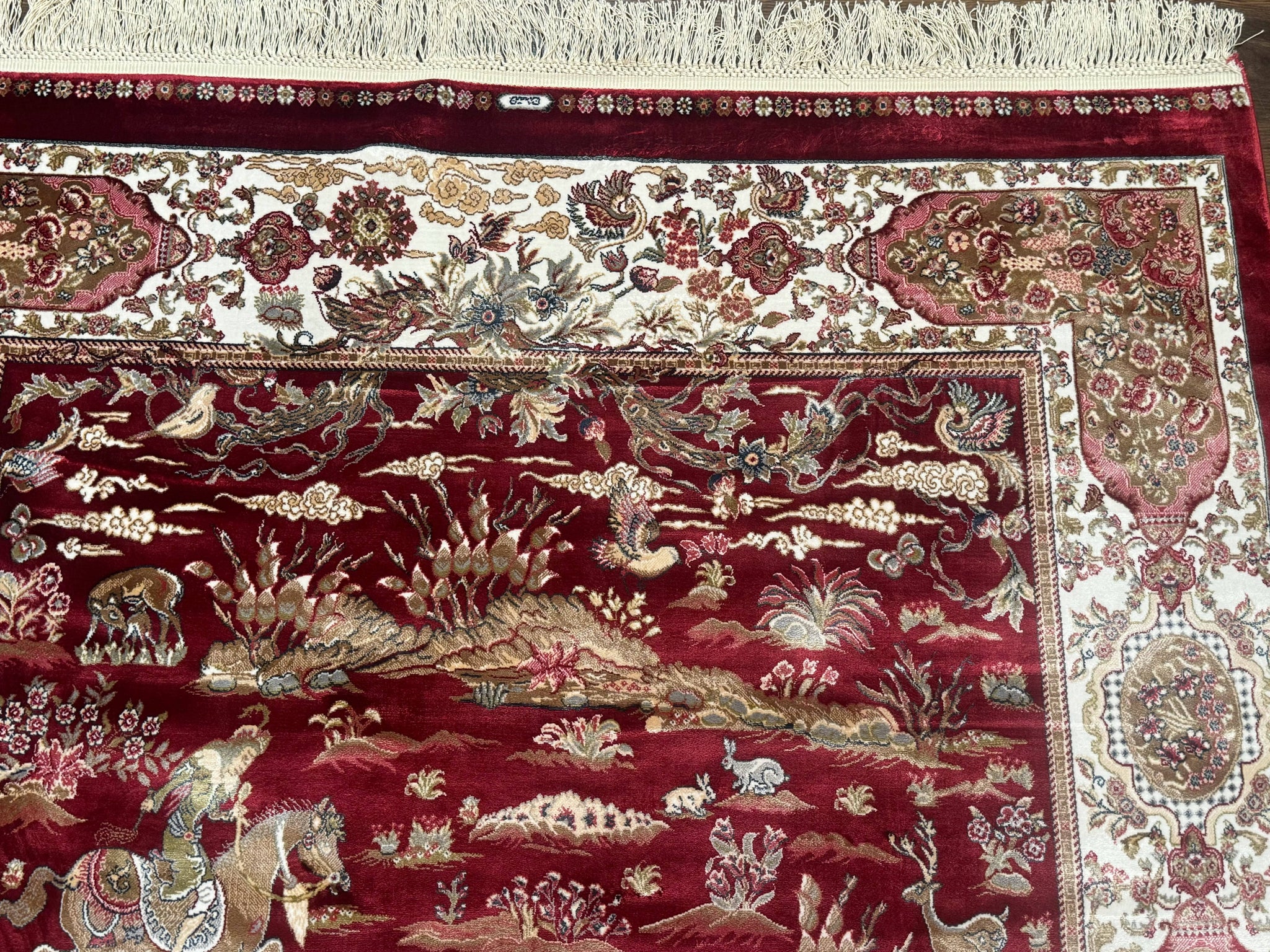 Turkish Silk Hunting Design Rug 4x6, Dark Red & Ivory, Bamboo Silk, New by Jewel Rugs