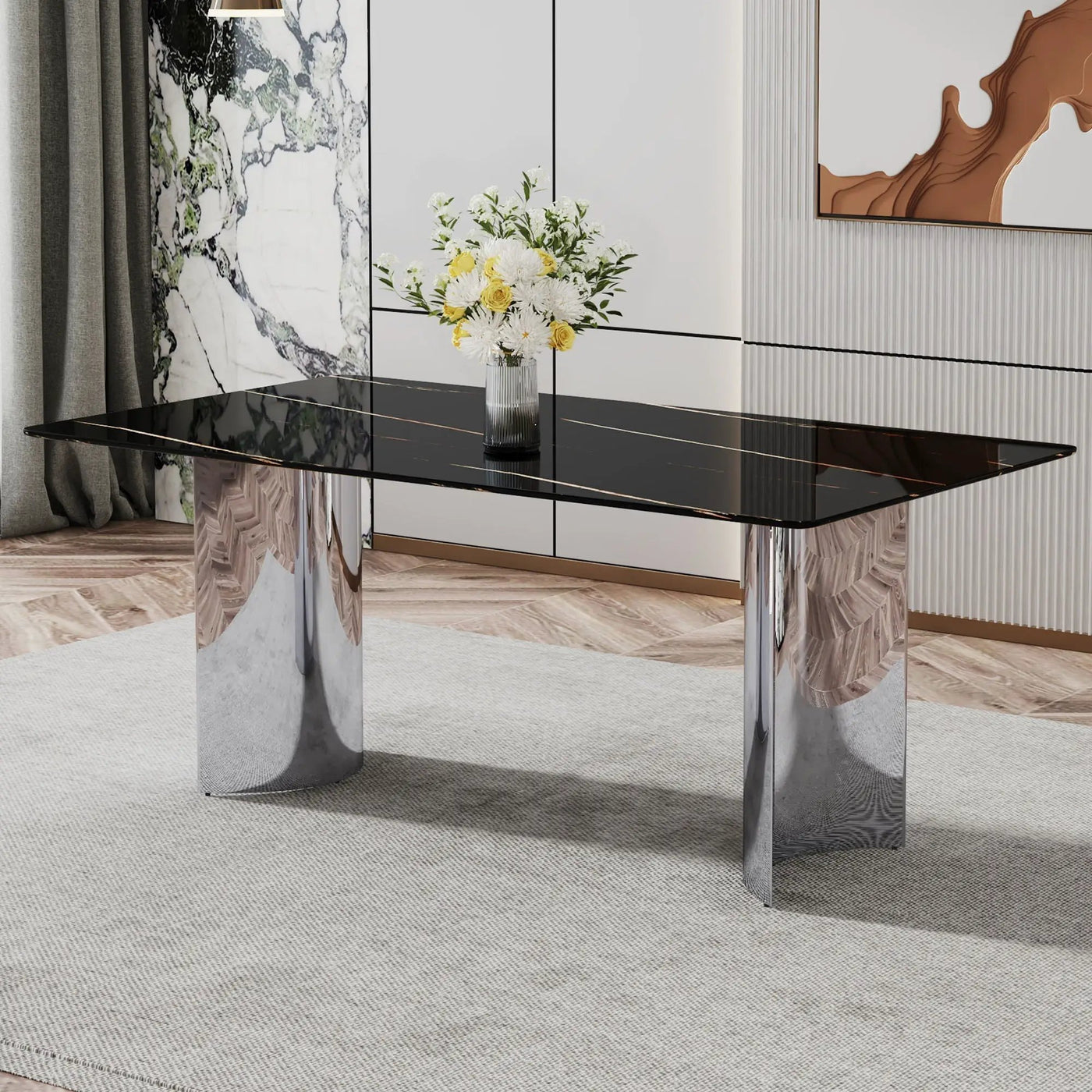 Modern Minimalist Dining Table With Marble Glass Top by HouseOfZazla