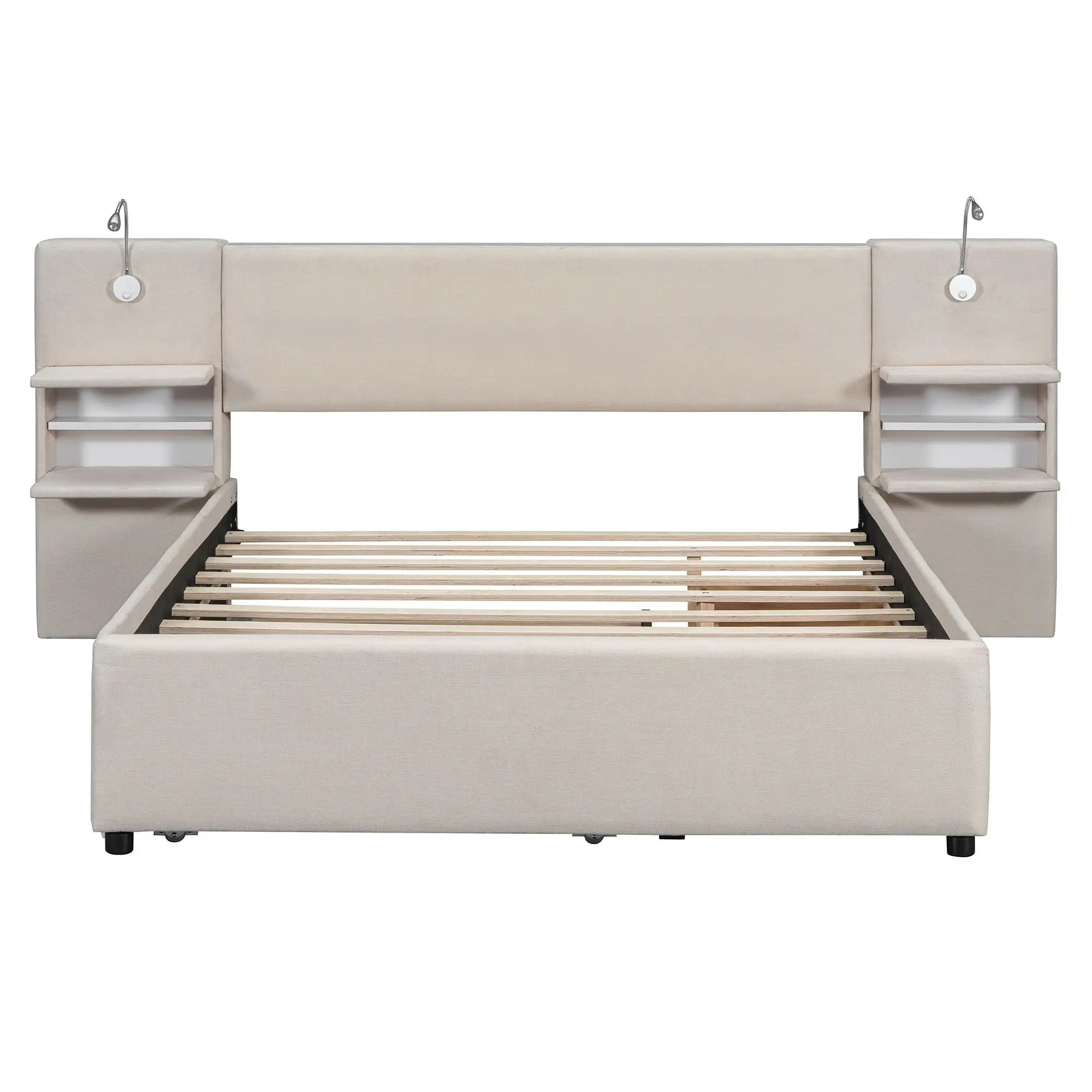 Upholstered Platform Bed With Reading Lights, Drawers, Trundle And Shelves by HouseOfZazla