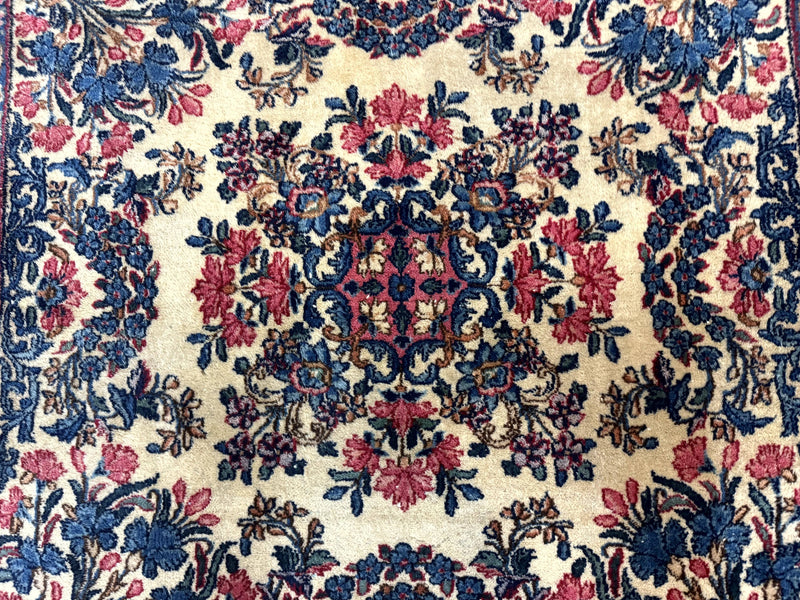 Square Persian Kerman Rug 4x4, Ivory Blue Pink, Handmade, Fine 225 KPSI by Jewel Rugs