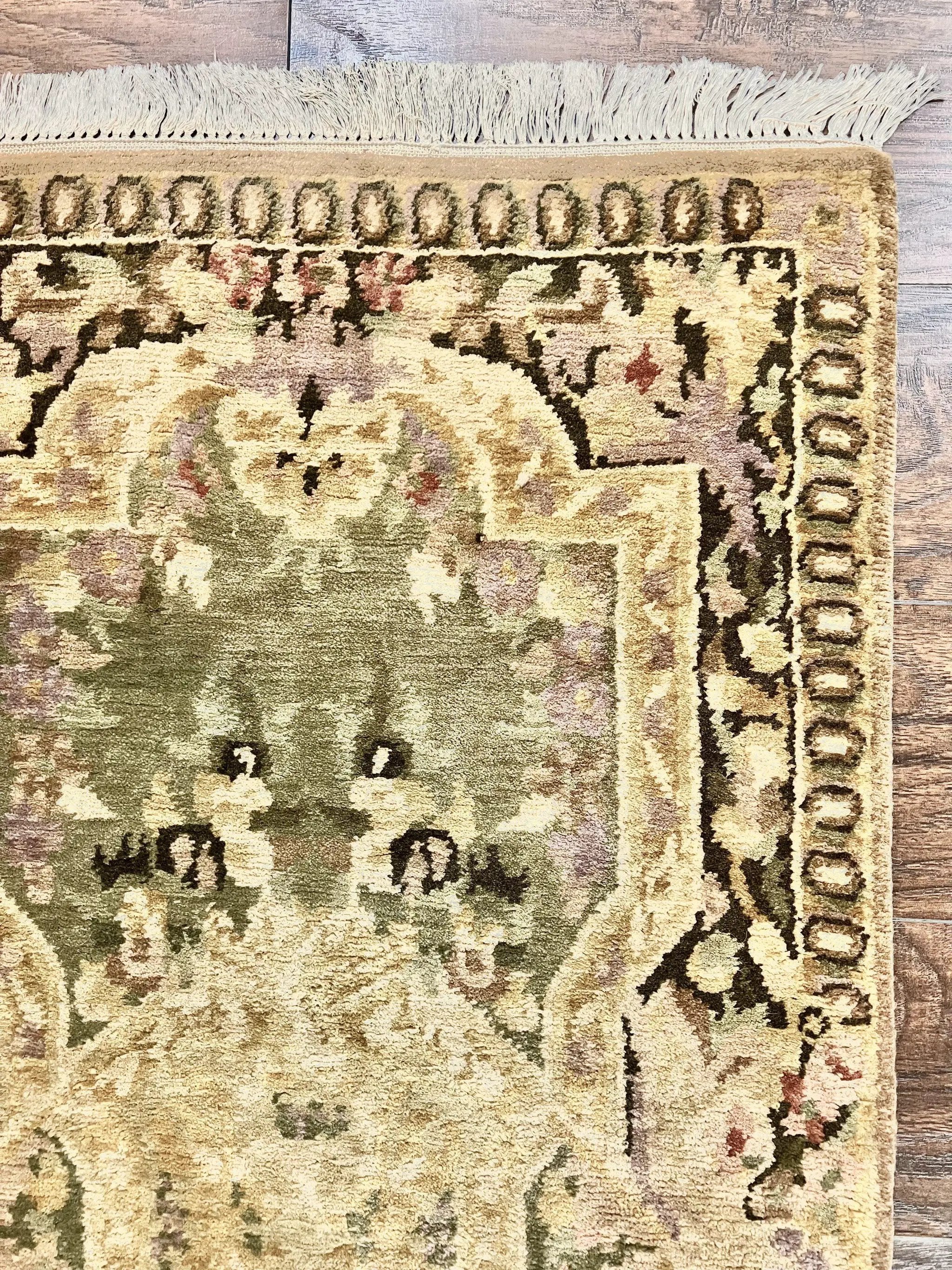 Tibetan Runner Rug 2.6 x 10, French Aubusson Pattern, Gold Olive Green, Vintage Handmade European Design, Wool Hallway Rug by Jewel Rugs