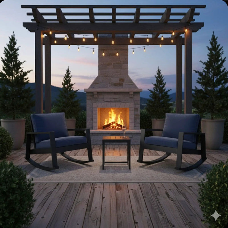 Outdoor Rocking Bistro Set Of 3, Oversized Rocking Chairs With Cushions And Side Table - Black / Blue by HouseOfZazla