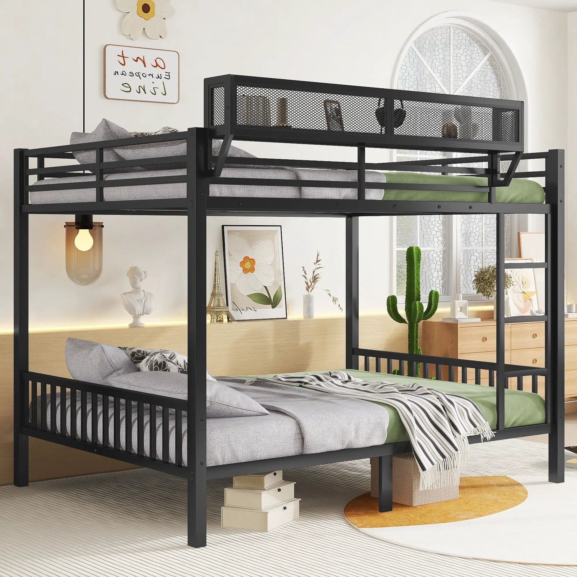 Queen Over Queen Bunk Bed With Ladder And Storage Shelf - Black by Unique Piece Furniture