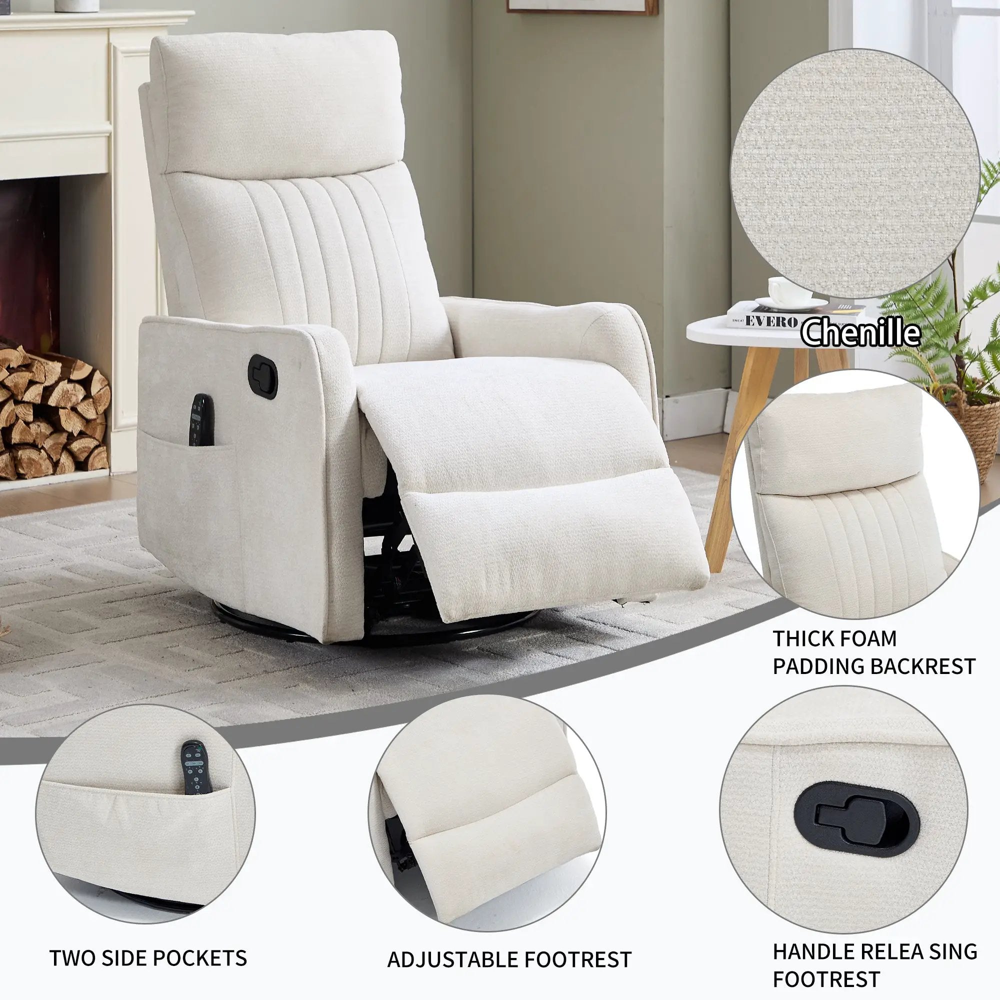 Beige Heat Massage Manual Recliner Chair with Rocker and Swivel by HouseOfZazla