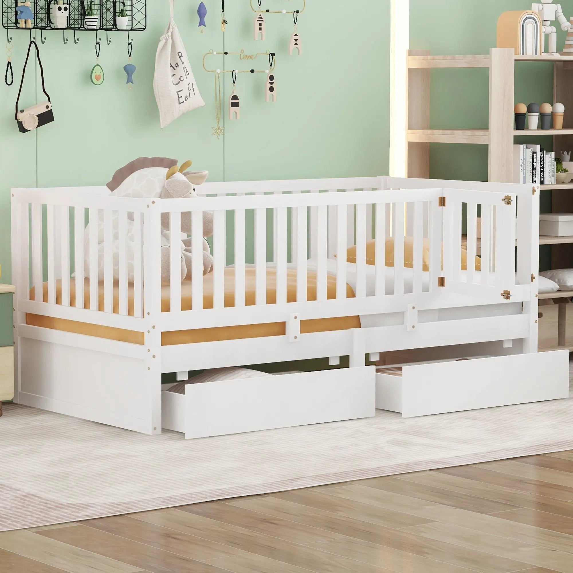 Daybed With Fence Guardrails And 2 Drawers, Split Into Independent Floor Bed & Daybed by HouseOfZazla
