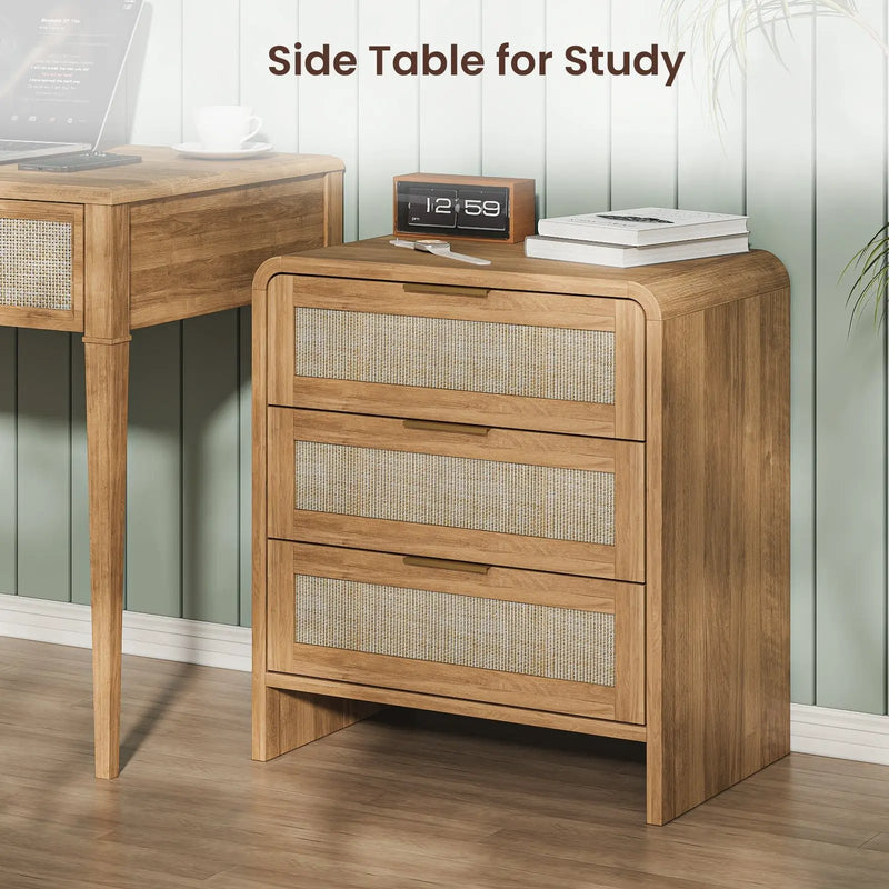 Rattan Nightstand Set of 2 with 3 Drawers in Caramel Oak by HouseOfZazla