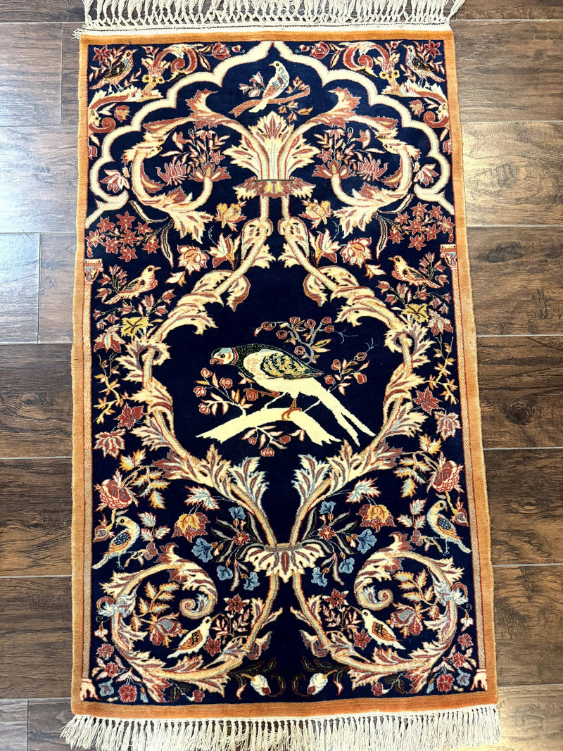 Persian Isfahan Rug 2x4, Birds, Navy Blue, Kork Wool on Silk Foundation, 460 KPSI by Jewel Rugs