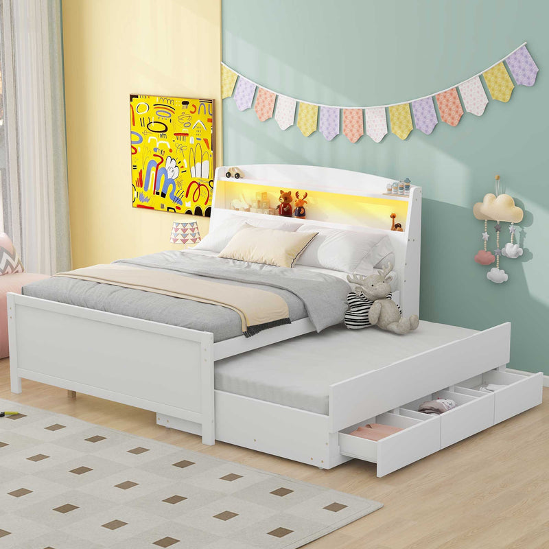 Full Size Platform Bed with Storage LED Headboard and Twin Trundle - White, photo 18 of 18