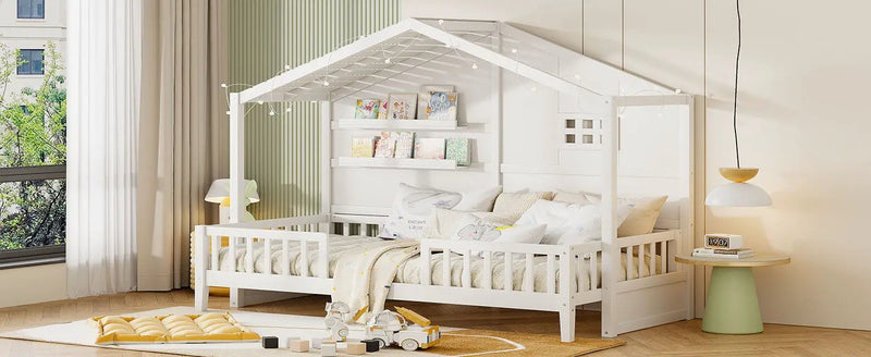 House Bed With Shelves, Window And Sparkling Light Strip On The Roof by HouseOfZazla