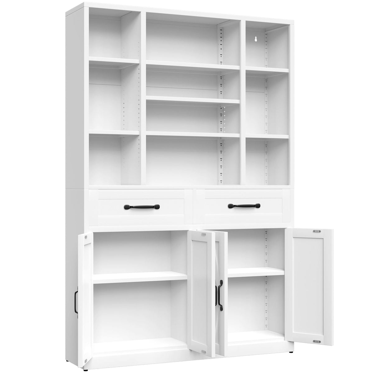 Industrial Bookcase Tall with Adjustable Shelves, Drawers & Doors - White Steel
