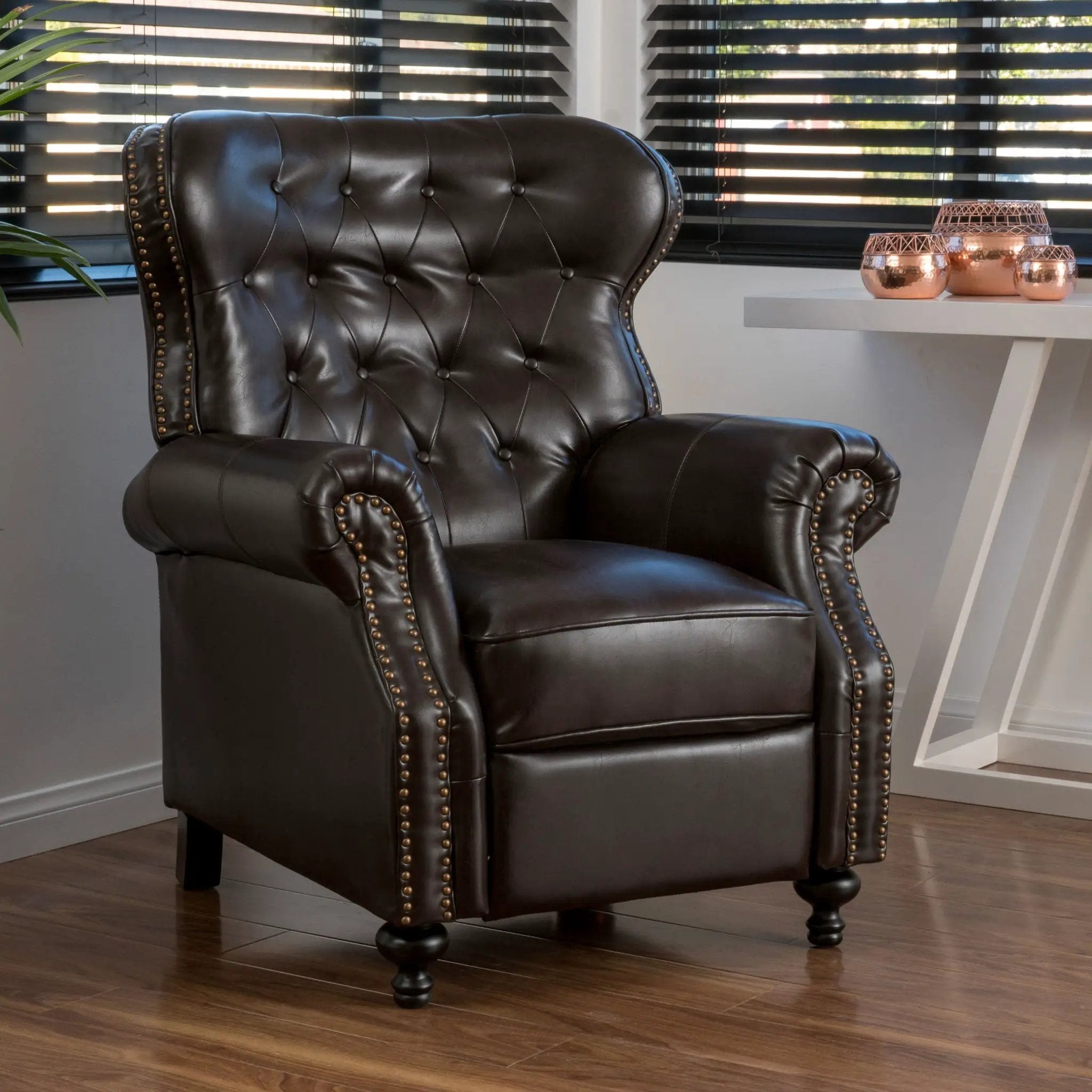 Contemporary Style Push Back Recliner with Button Tufted Stitching and Nailhead Trim by HouseOfZazla