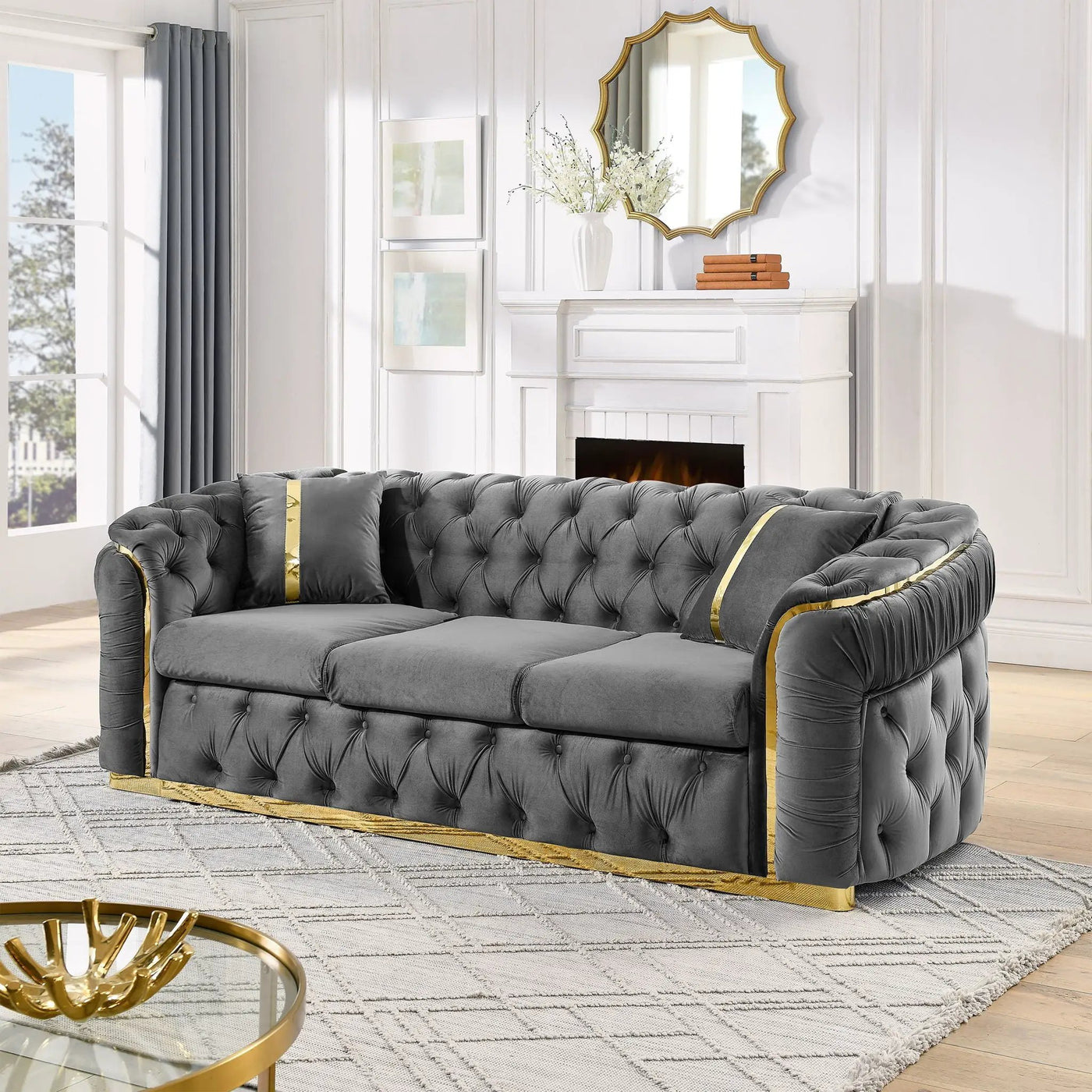 Button Tufted Couch With 2 Pillows, 3 Seater Luxury Chesterfield Sofa by Unique Piece Furniture