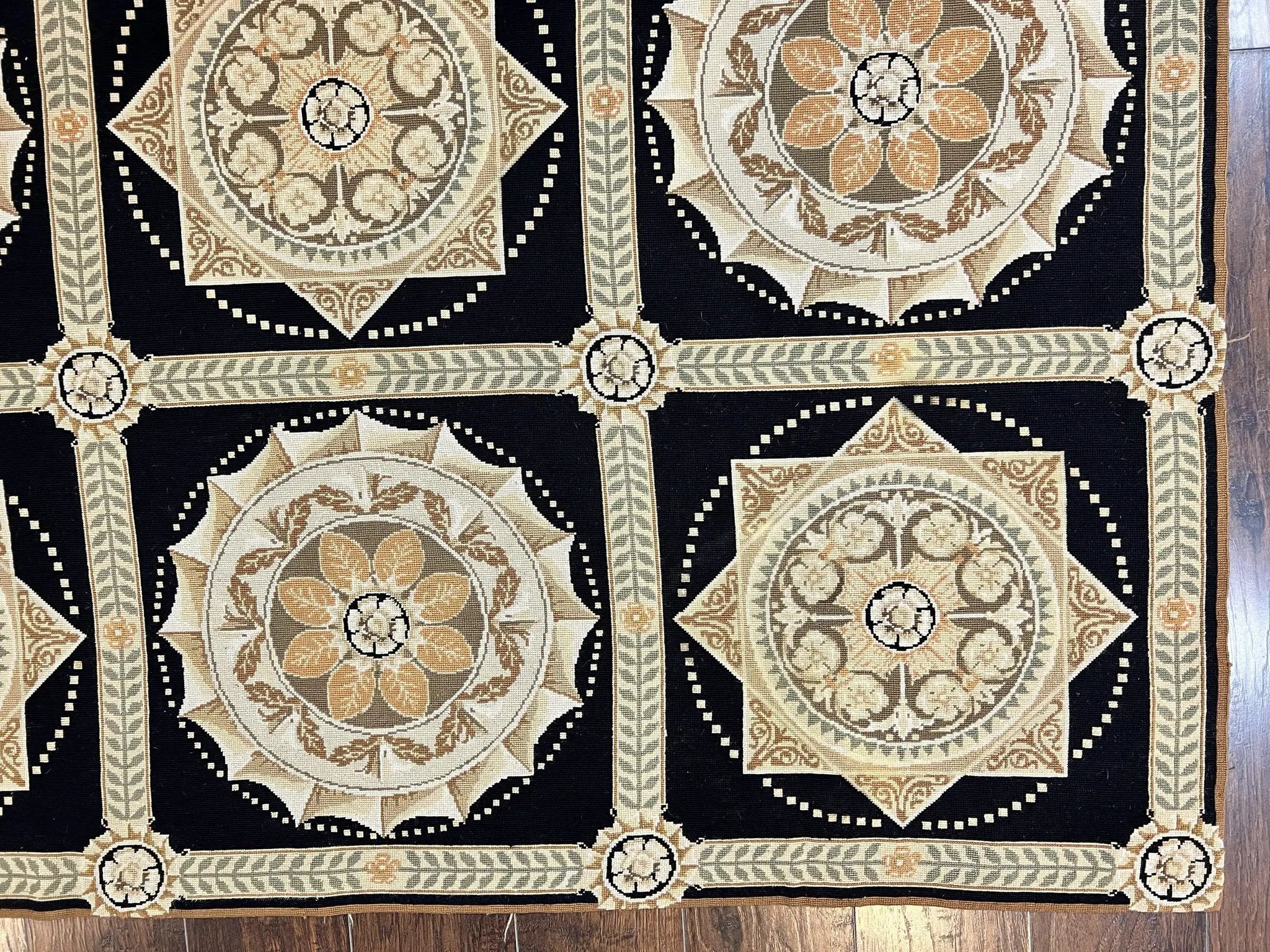 Needlepoint Rug 8x10, Black Tan Beige, Panel Design, Wool Handwoven Handmade Flatweave Needlepoint Carpet, Vintage French European Rug by Jewel Rugs