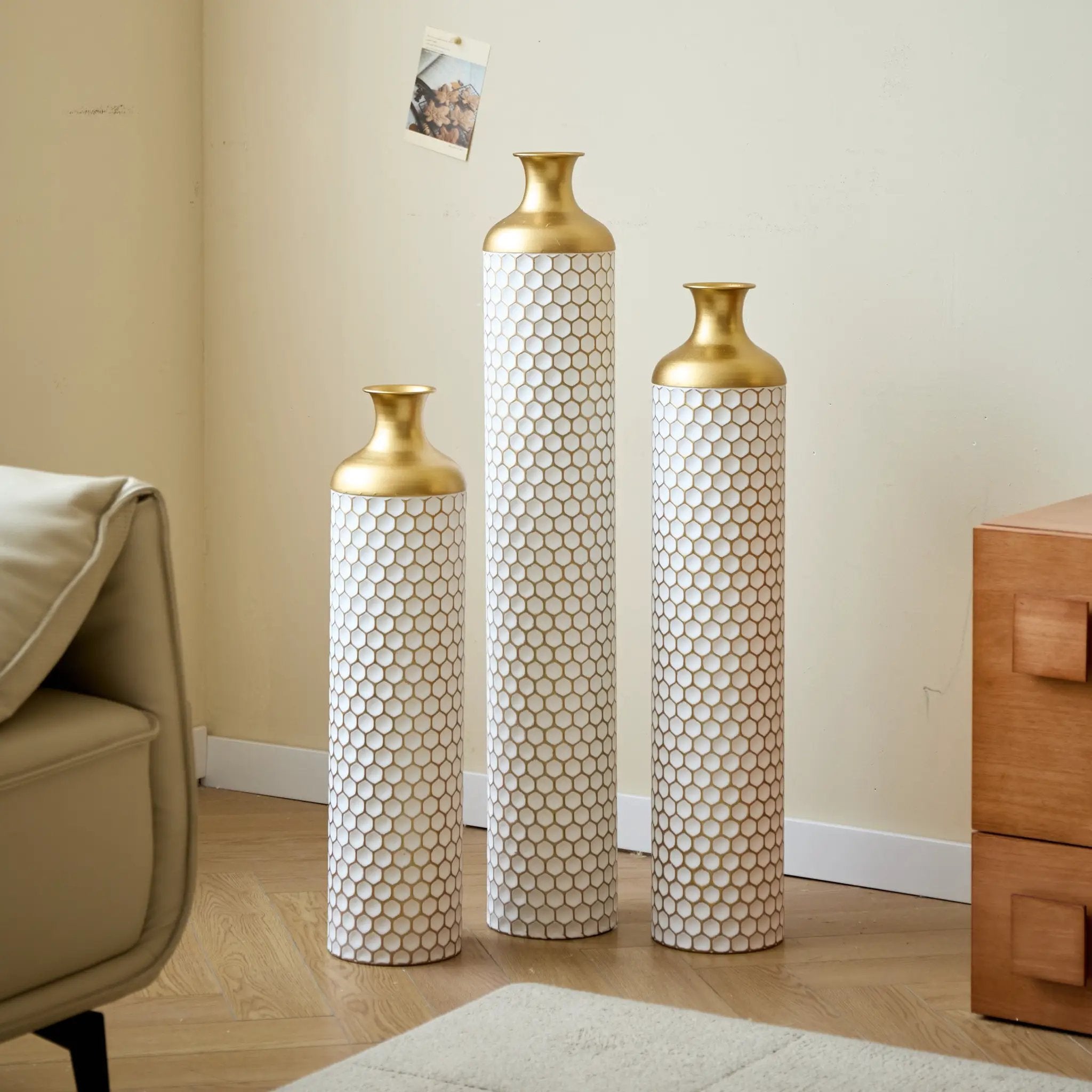 3-Piece Modern Metal Vase Set - White & Gold by HouseOfZazla