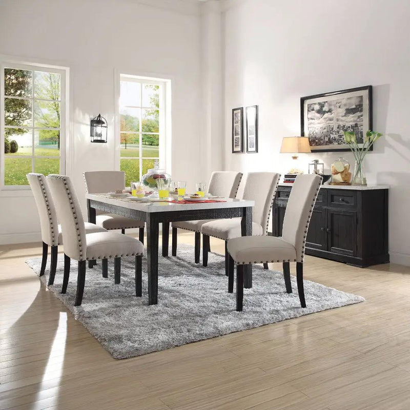 Nolan - Dining Table - White Natural Marble Top & Salvage Dark Oak by Unique Piece Furniture