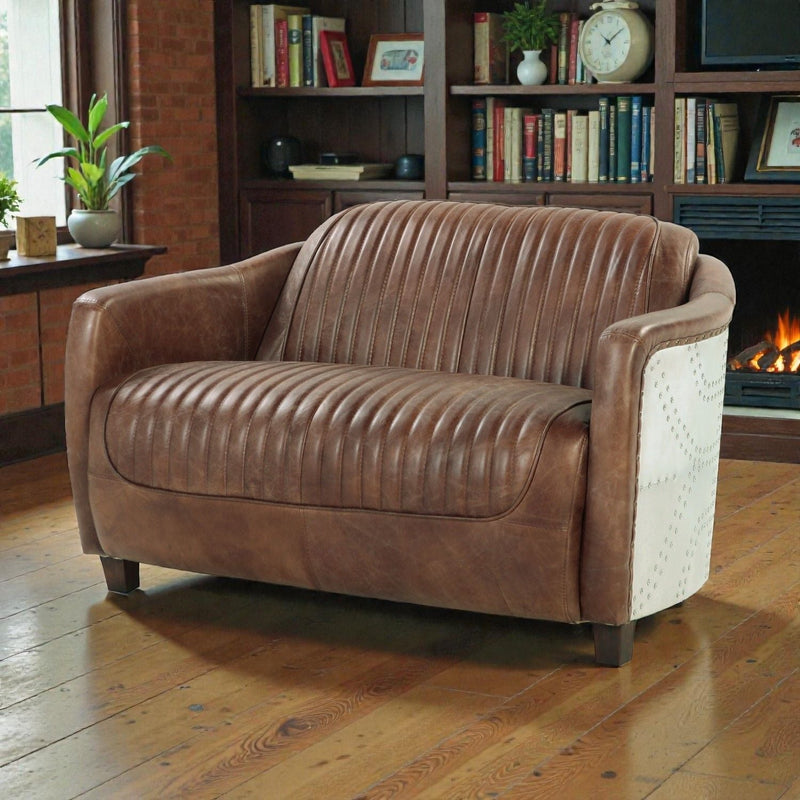 Grain Leather Loveseat with Vintage Aluminum Frame - Brown, photo 4 of 4