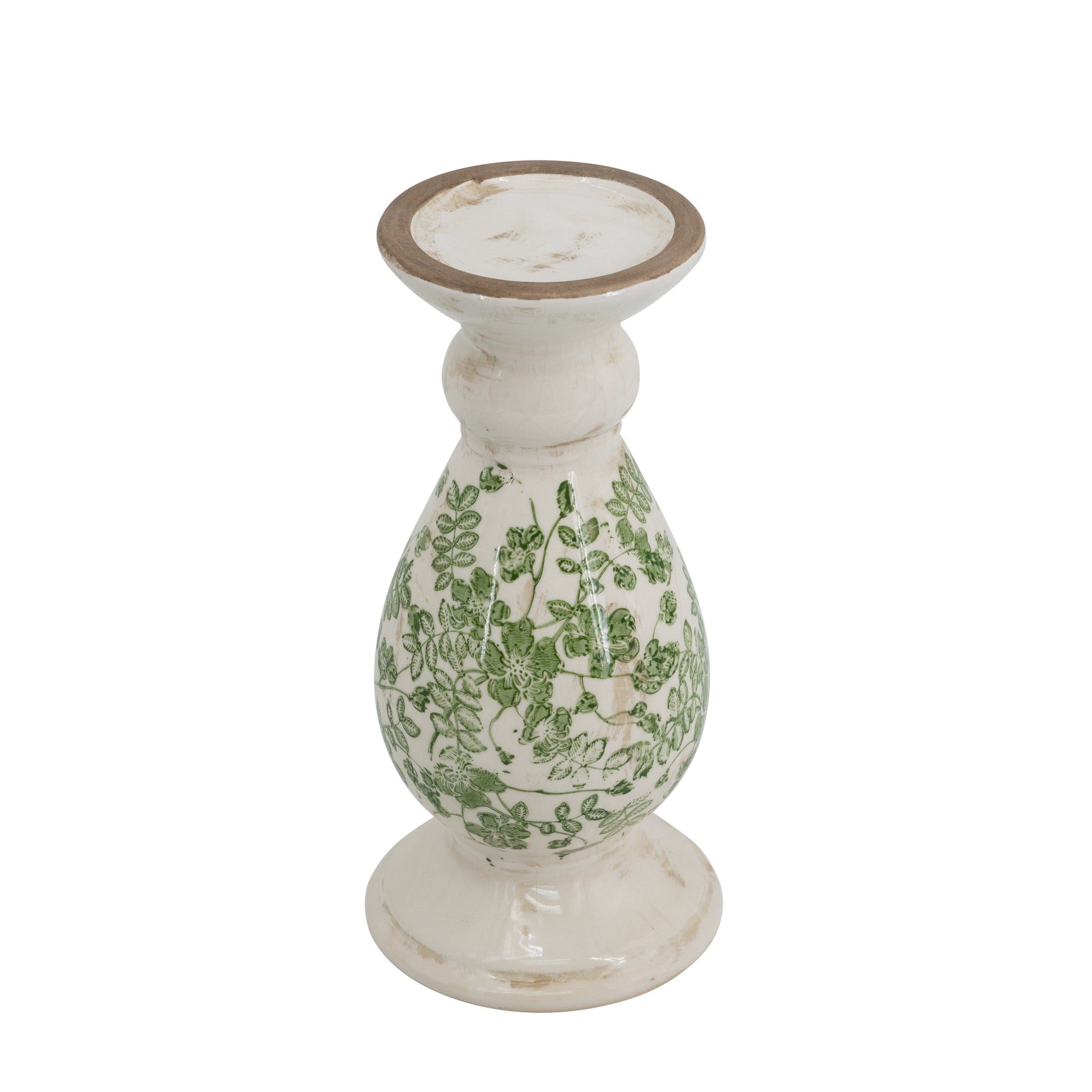 D4.7x10' White Ceramic Candle Holder with Green Floral Patterns, Small by HouseOfZazla