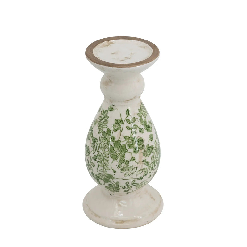 D4.7x10' White Ceramic Candle Holder with Green Floral Patterns, Small by HouseOfZazla