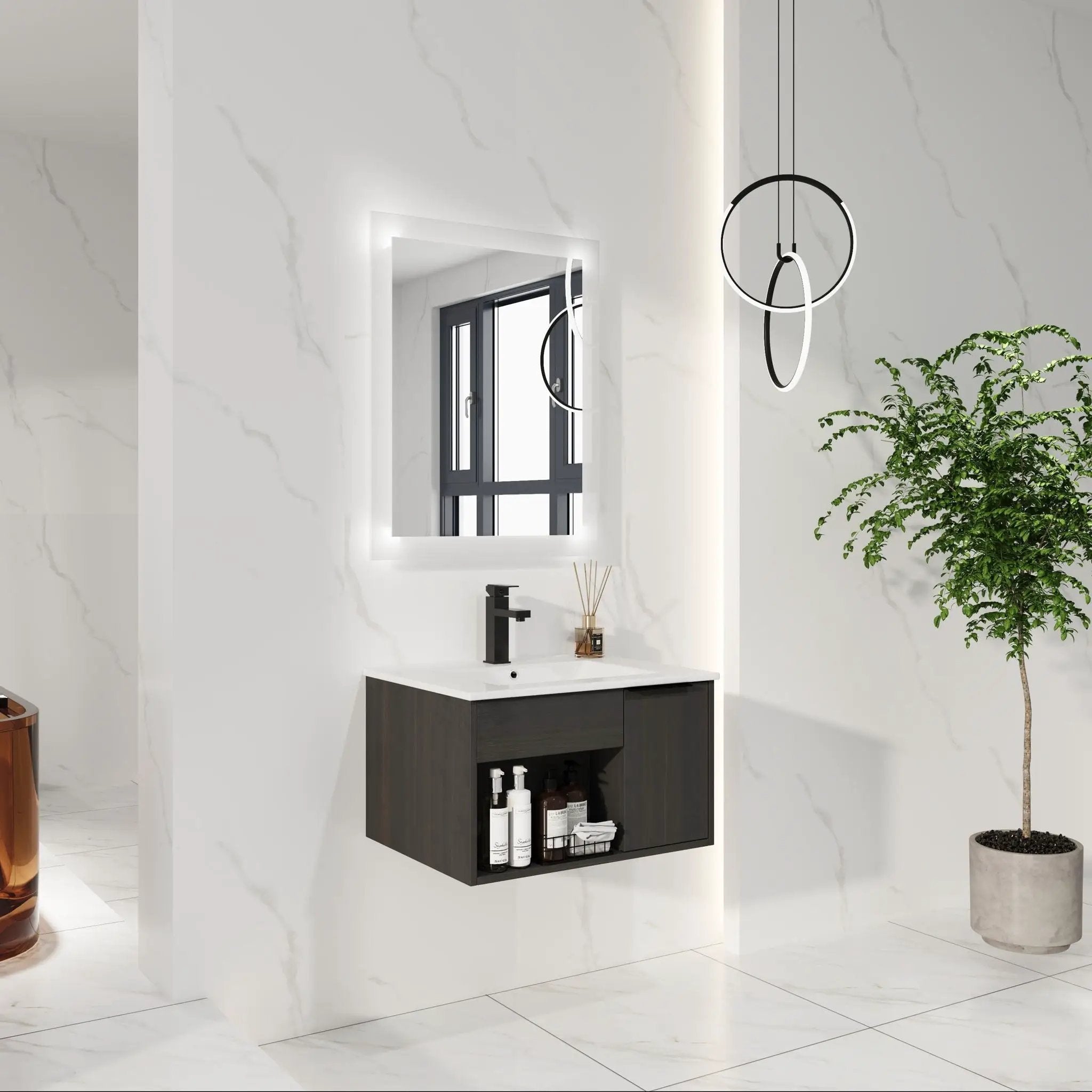 Wall Mounted Floating Bathroom Vanity With Open Shelf & Soft Close Door by HouseOfZazla