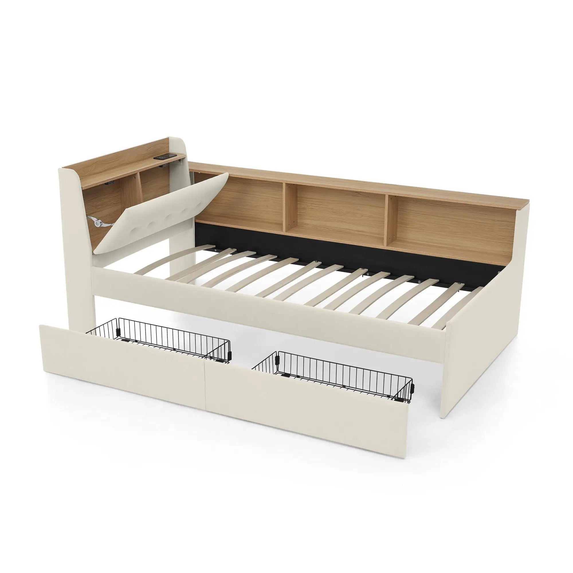 Upholstered Daybed With Storage Headboard, Wireless Charging, LED Lights by Unique Piece Furniture