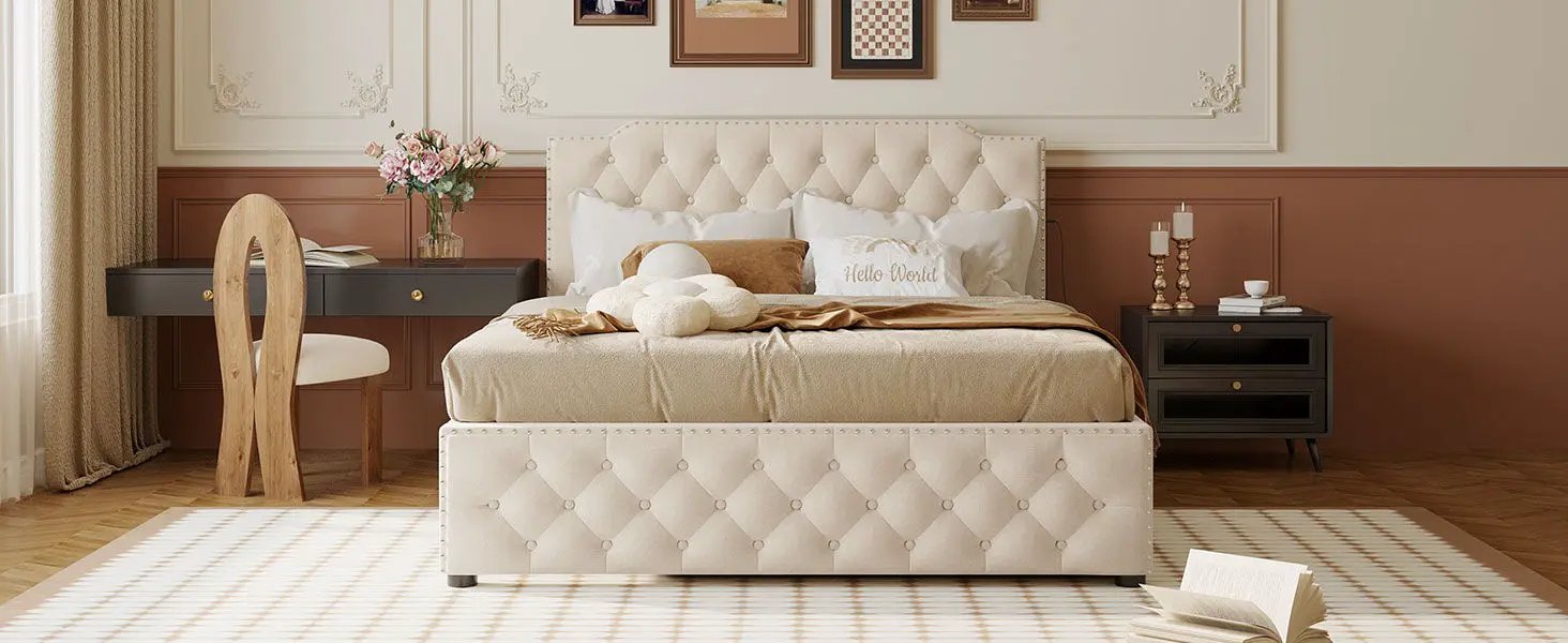 Upholstered Platform Bed With Trundle And 2 Sets Of USB Ports On Each Side, Fabric by HouseOfZazla
