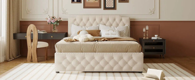 Upholstered Platform Bed With Trundle And 2 Sets Of USB Ports On Each Side, Fabric by HouseOfZazla