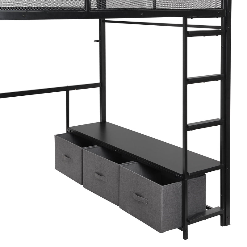 Full Size Gaming Loft Bed With LED Desk, Open Wardrobe, 3 Linen Storage Drawers - Black by HouseOfZazla