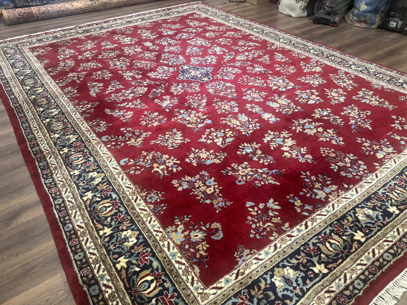 Indo Persian Sarouk Rug 10x14, Large Red and Navy Blue Carpet, Traditional Floral Wool Rug by Jewel Rugs