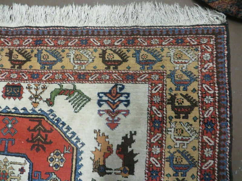 7' X 10' Vintage Handmade Knotted Turkish Wool Rug Birds Animal Ivory Organic by Jewel Rugs