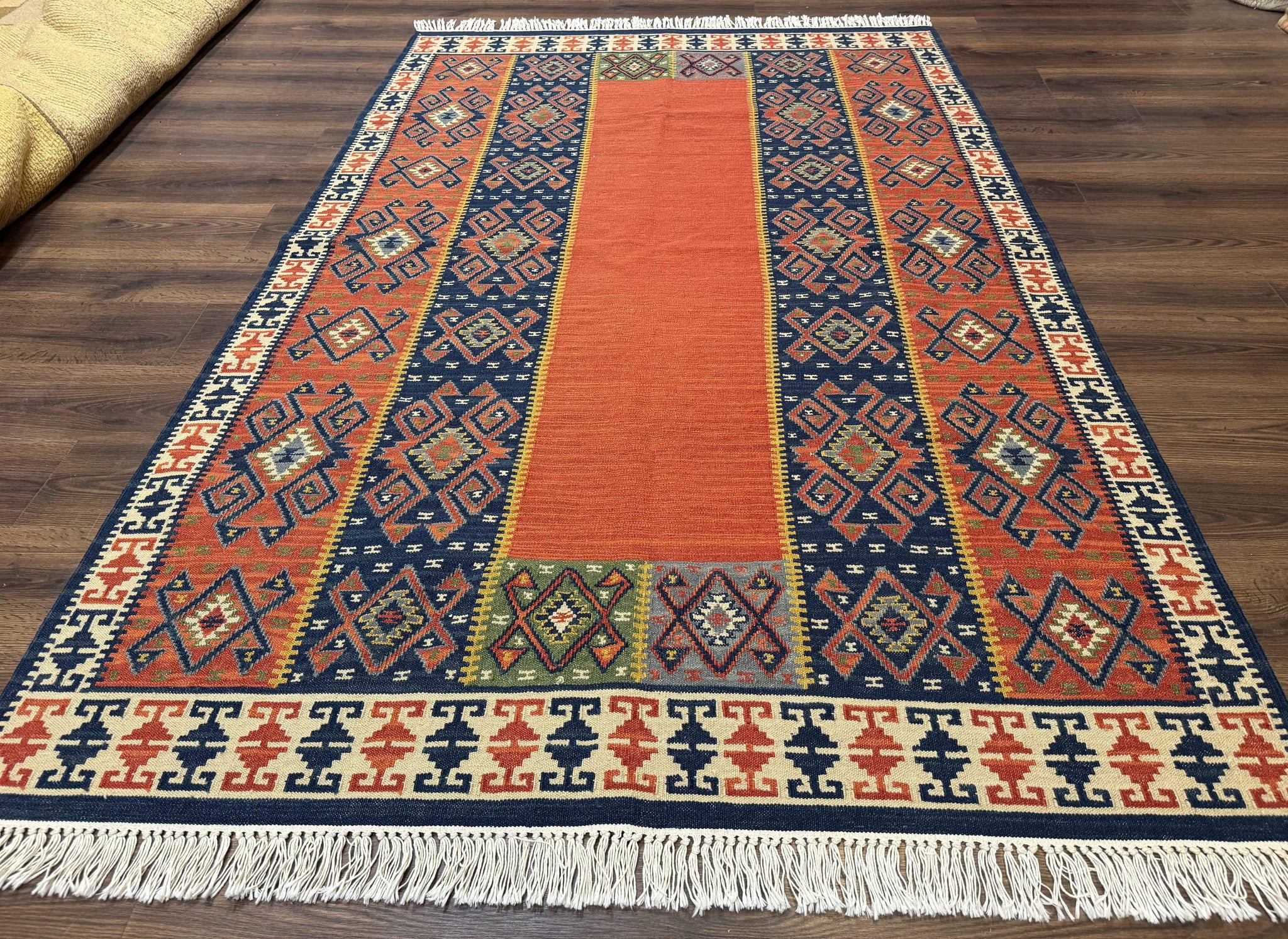 Turkish Kilim Rug 5x8, Flatweave Carpet, Handmade Bohemian Rug, Terracotta and Navy Blue by Jewel Rugs