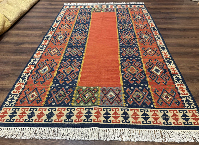 Turkish Kilim Rug 5x8, Flatweave Carpet, Handmade Bohemian Rug, Terracotta and Navy Blue by Jewel Rugs
