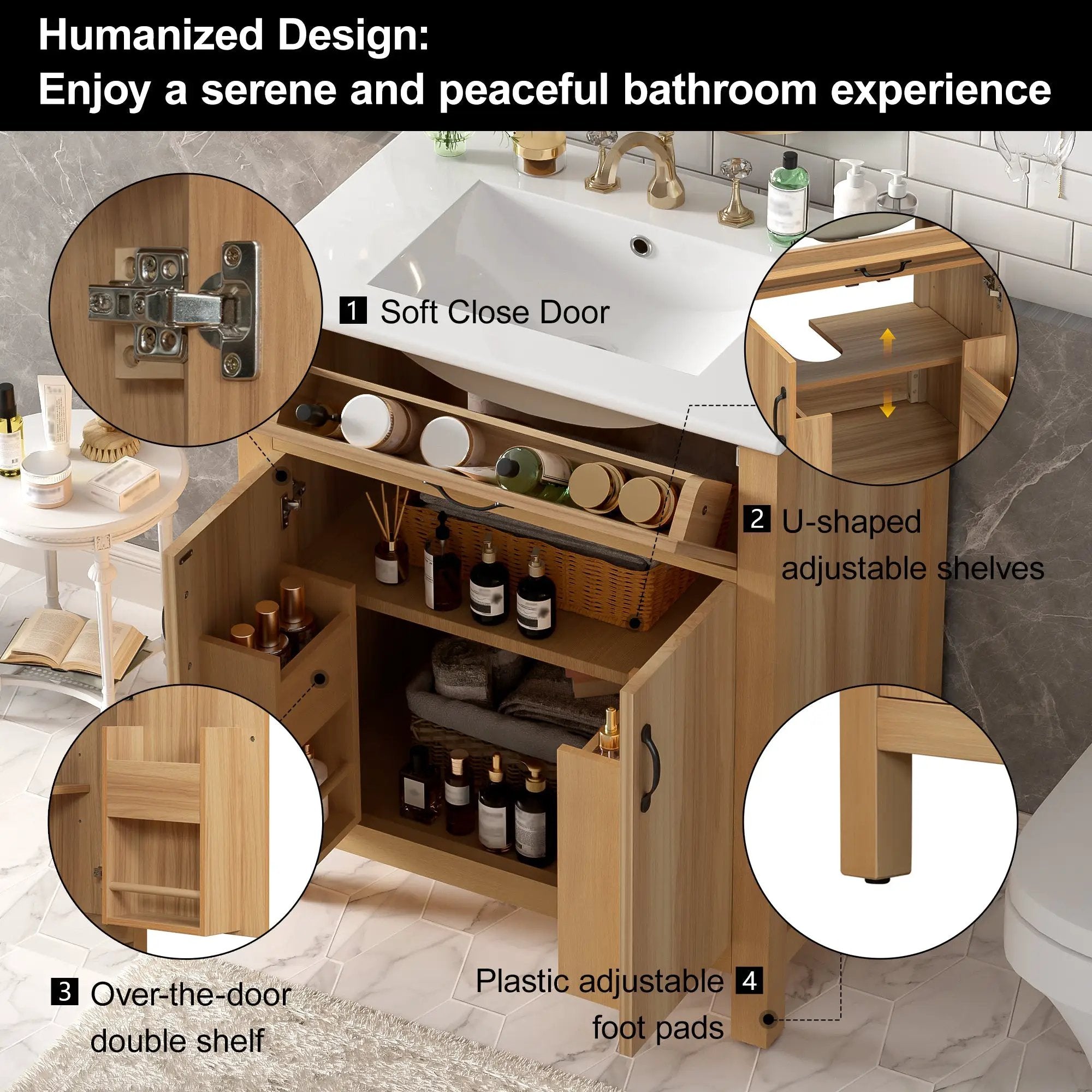 30" Wood Bathroom Vanity with Solid Wood Frame by HouseOfZazla