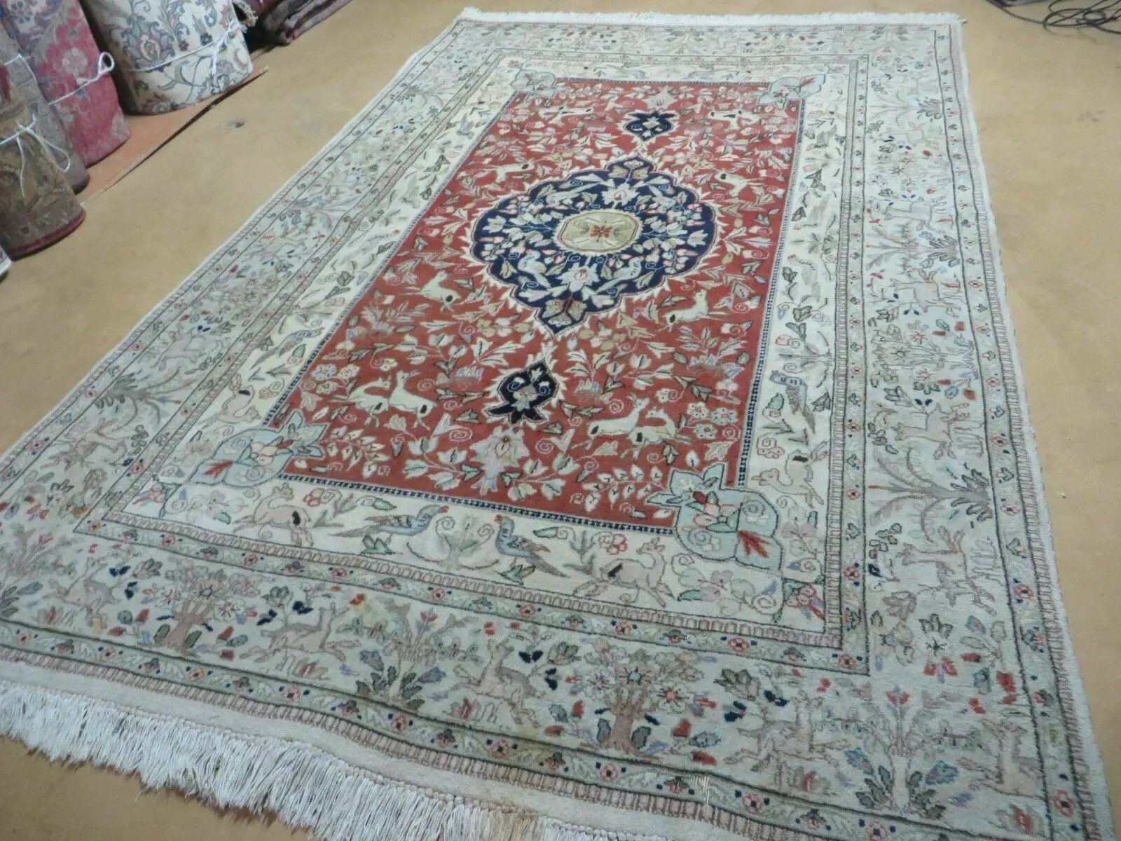 6' X 9' Vintage Handmade India Oriental Floral Wool Rug Hunting Bird Deer Nice by Jewel Rugs