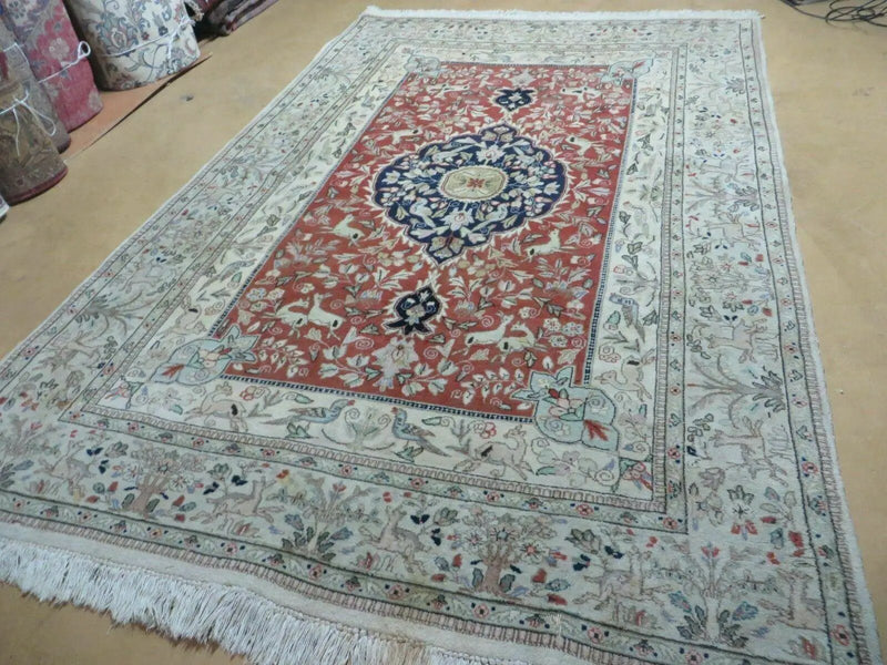6' X 9' Vintage Handmade India Oriental Floral Wool Rug Hunting Bird Deer Nice by Jewel Rugs