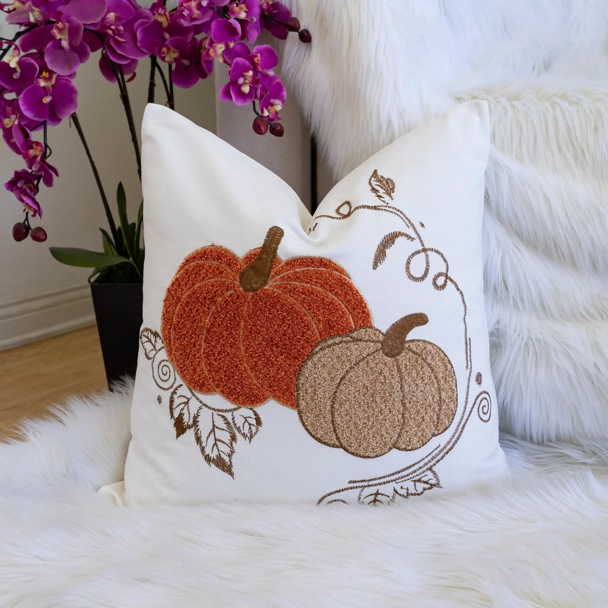 Embroidered Harvest Pumpkin Pillow – Autumn Harvest Accent Cushion by HouseOfZazla