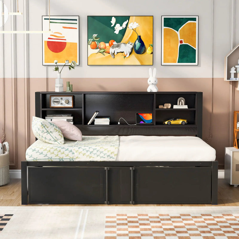 Industrial Metal Daybed With Trundle, Storage Shelves, USB Ports by HouseOfZazla