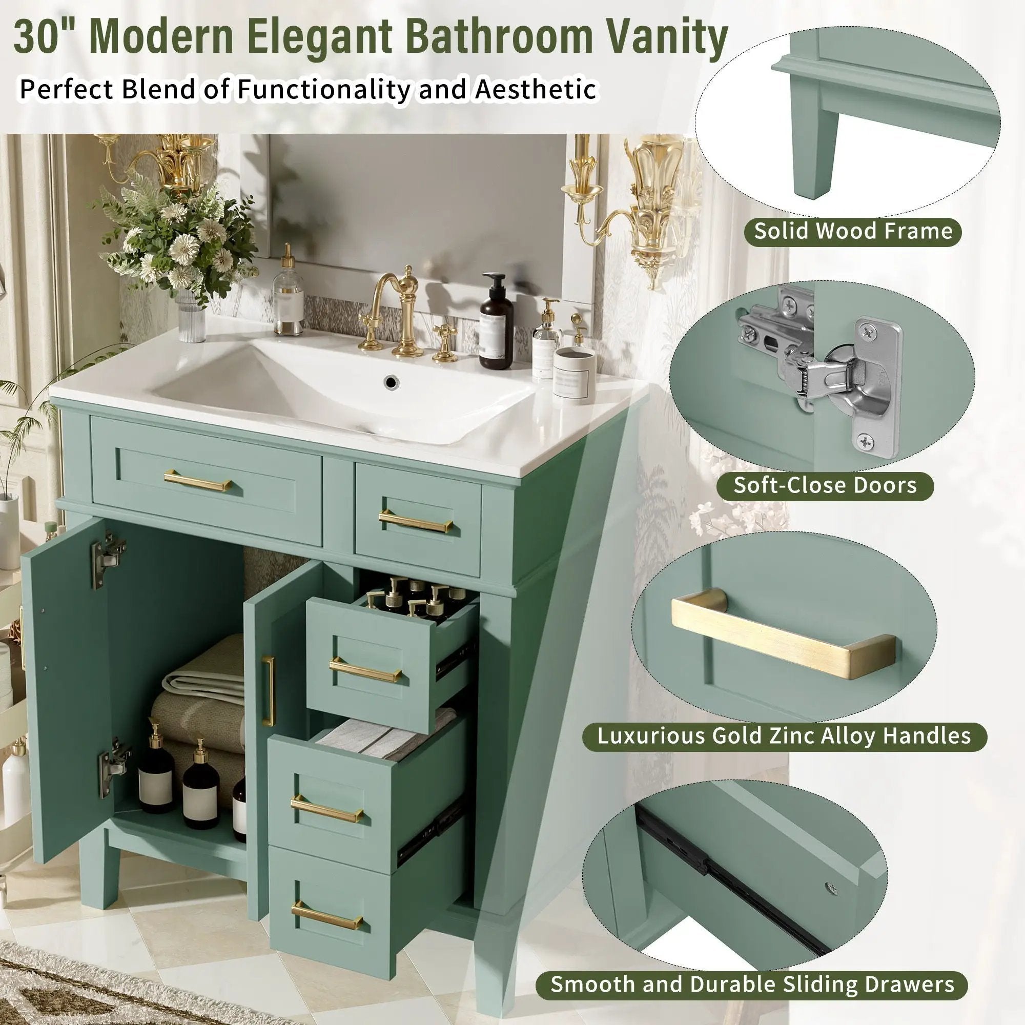 Modern Bathroom Vanity With Sink, Storage Cabinet, Soft Close Doors, Deep & Standard Drawers by Unique Piece Furniture