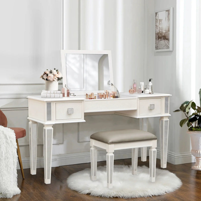 Mirrored Vanity Desk With Drawers And Stool, Flip Up Dressing Table Set For Makeup Room by HouseOfZazla