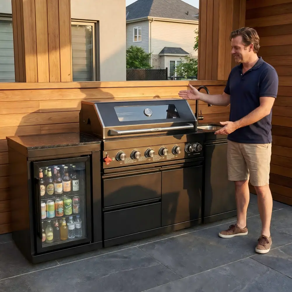 82" 6-Burner 85,000 BTU Gas Outdoor Kitchen Island Grill Stainless Steel Sink Wine Cooler by Chery Industrial