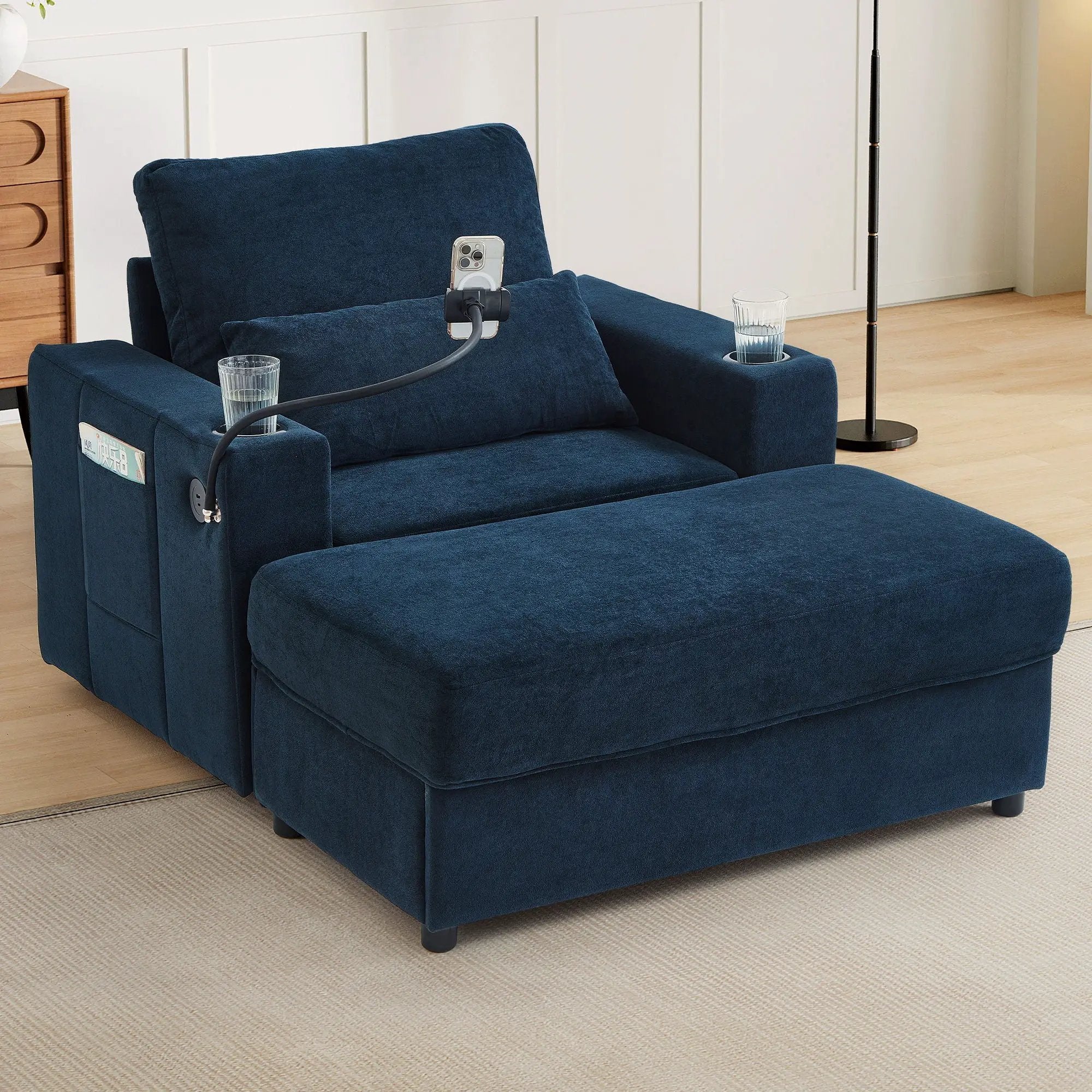 Modern Style Armchair Chaise Lounge Sofa Couch With Movable Storage Ottoman, USB Ports, Cup Holders, Phone Holder, Side Pockets by Unique Piece Furniture
