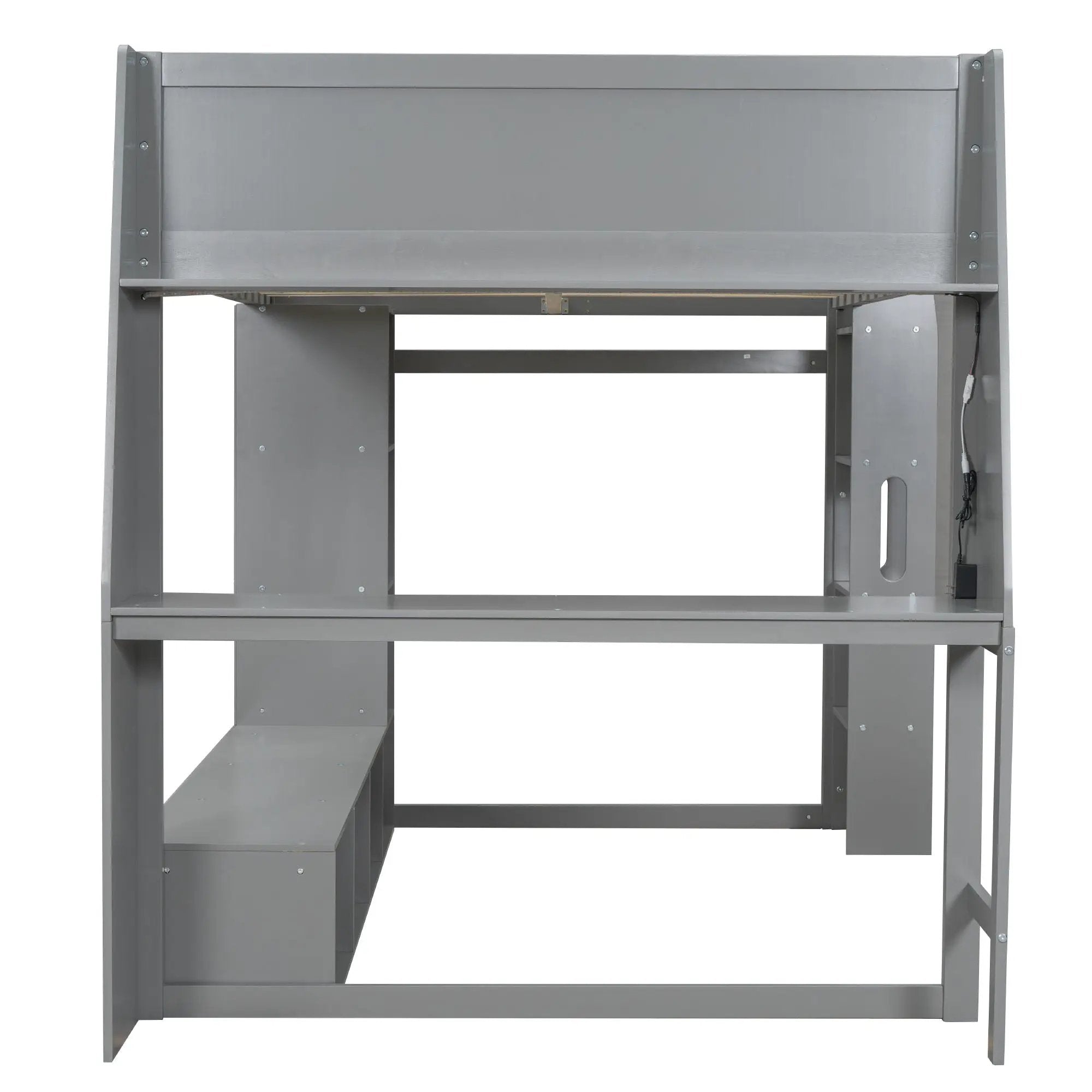 Full Size Gaming Loft Bed With Desk, Multi Storage Shelves, LED Lighting, And Hanging Clothes Rack - Gray by Unique Piece Furniture