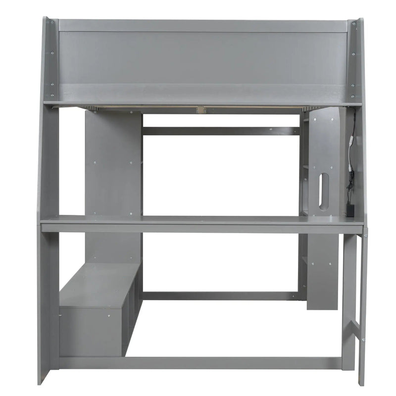 Full Size Gaming Loft Bed With Desk, Multi Storage Shelves, LED Lighting, And Hanging Clothes Rack - Gray by Unique Piece Furniture